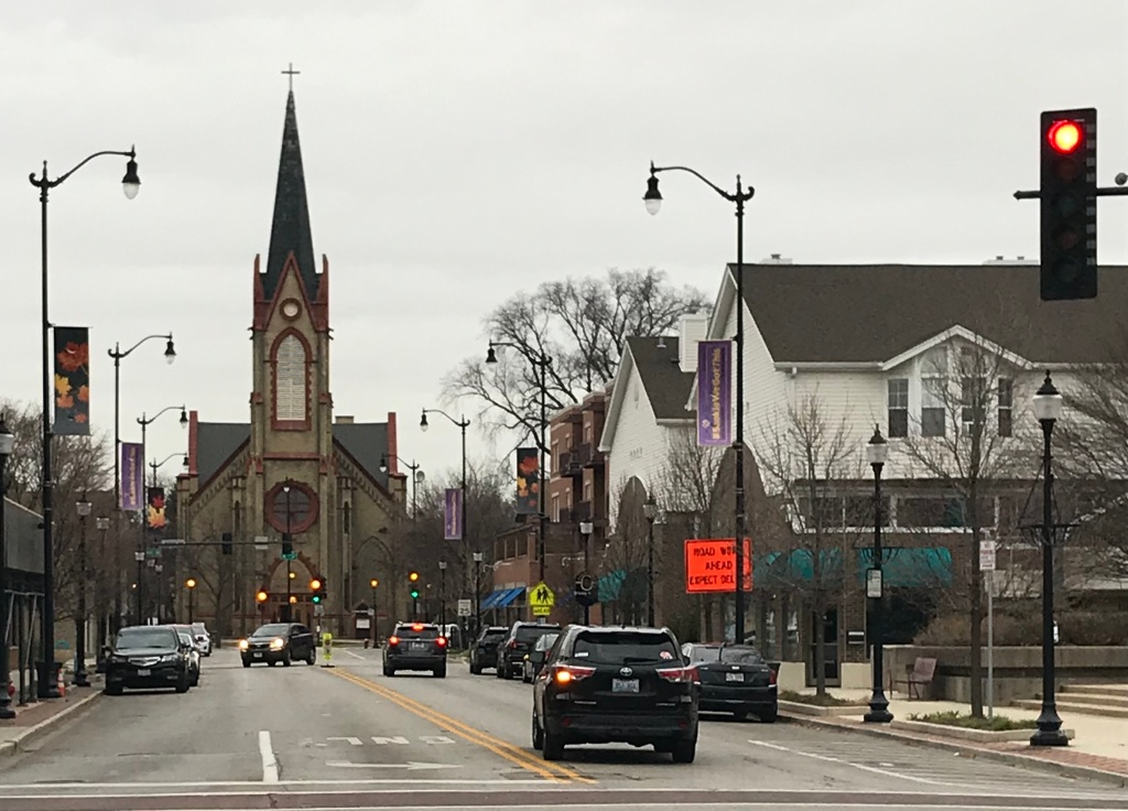Downtown Skokie, Illinois, a suburb of Chicago. In the background is St.  Peter's Catholic Church. Skokie, Illinois, USA Stock Photo - Alamy